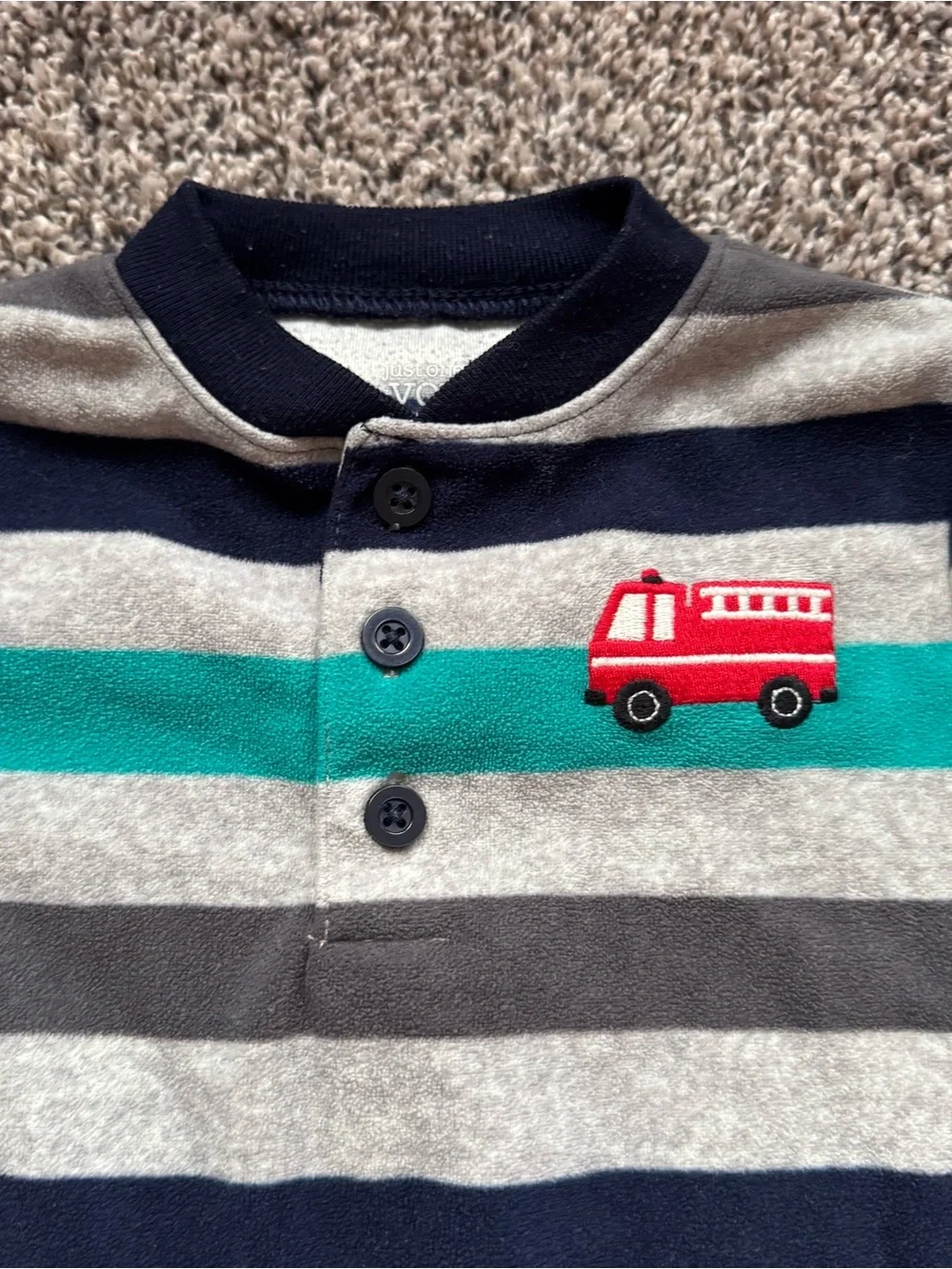 Carter's Navy, Teal & Gray Striped Footie with Firetruck Patch